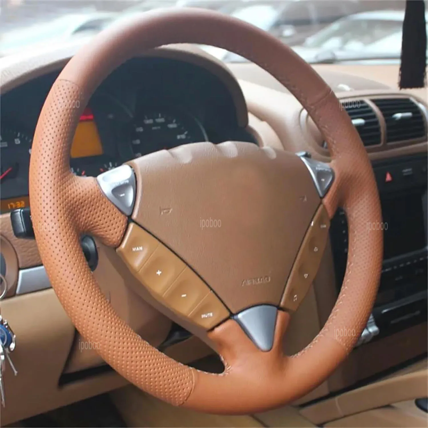 Brown Leather & Brown Thread Steering Wheel Hand Sewing Wrap Cover Fit For Porsche Cayenne  2006-2009