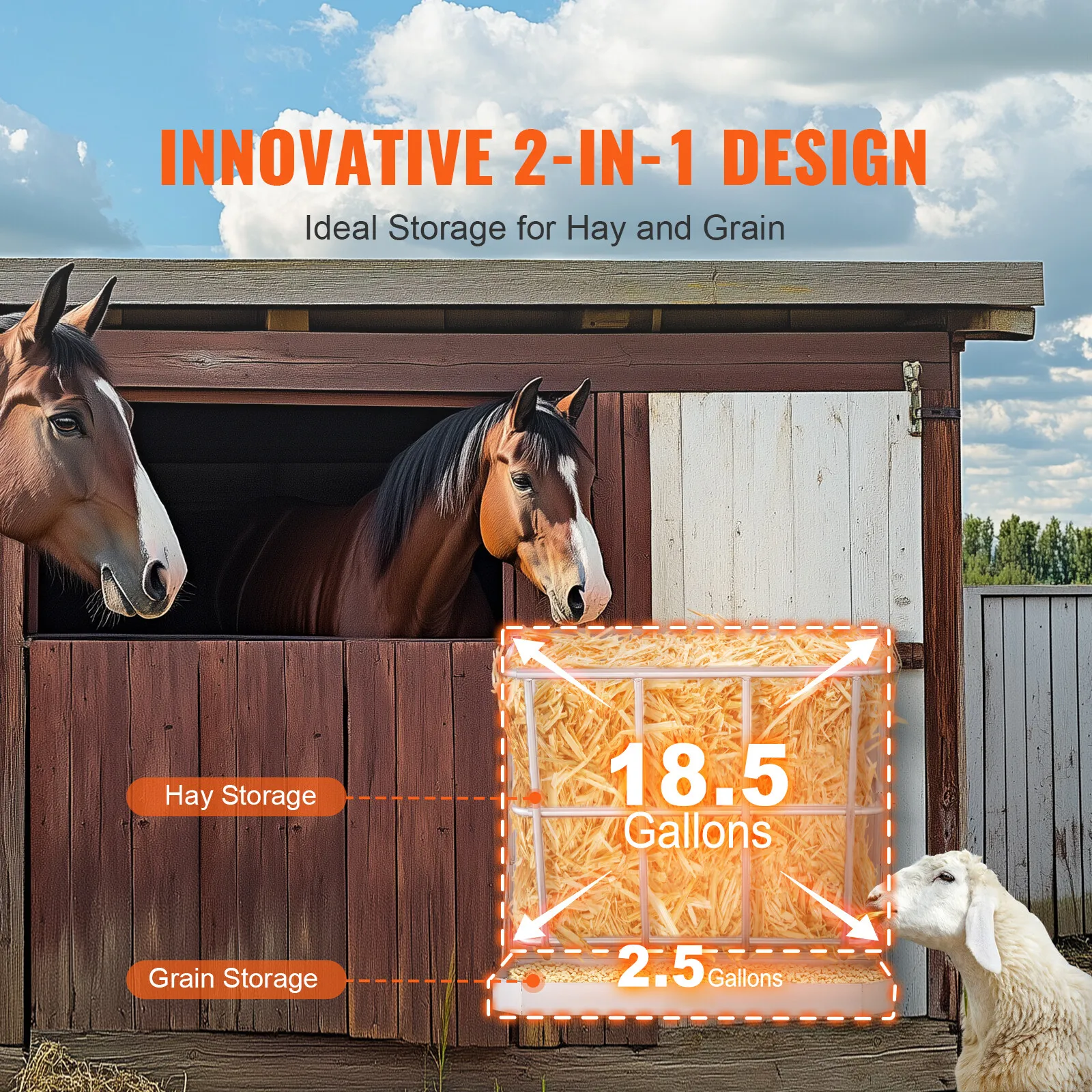 

Wall Mounted Goat Hay Feeder 2 in 1 Hay and Grain Feeder 21 Gallons