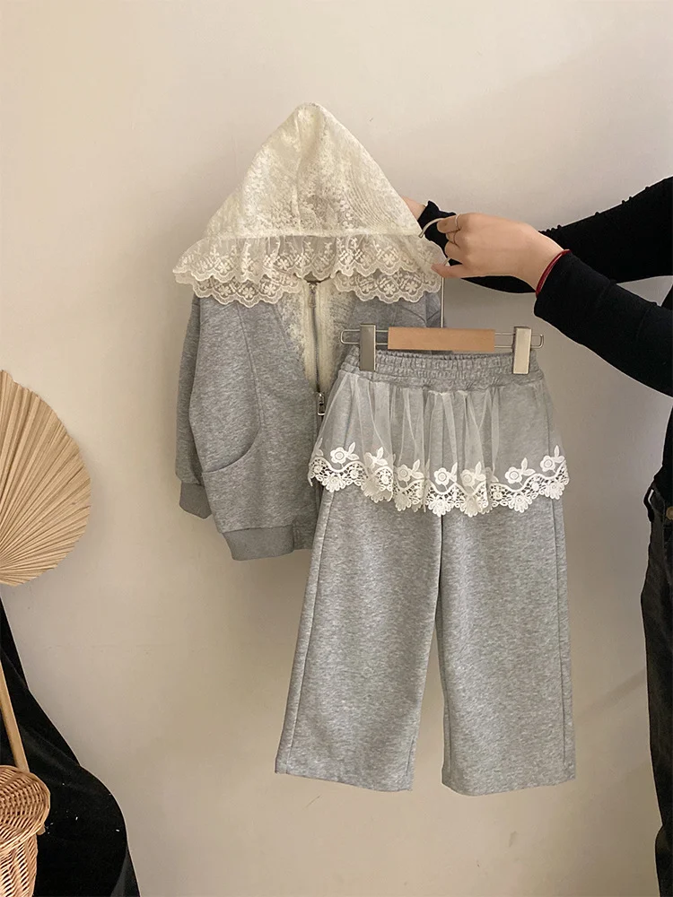 Girls' Sports Set Spring and autumn Casual Lace Spliced Hooded Knitted Sweatshirt Cardigan Coat+Sweatpants Two-Piece Set 2025