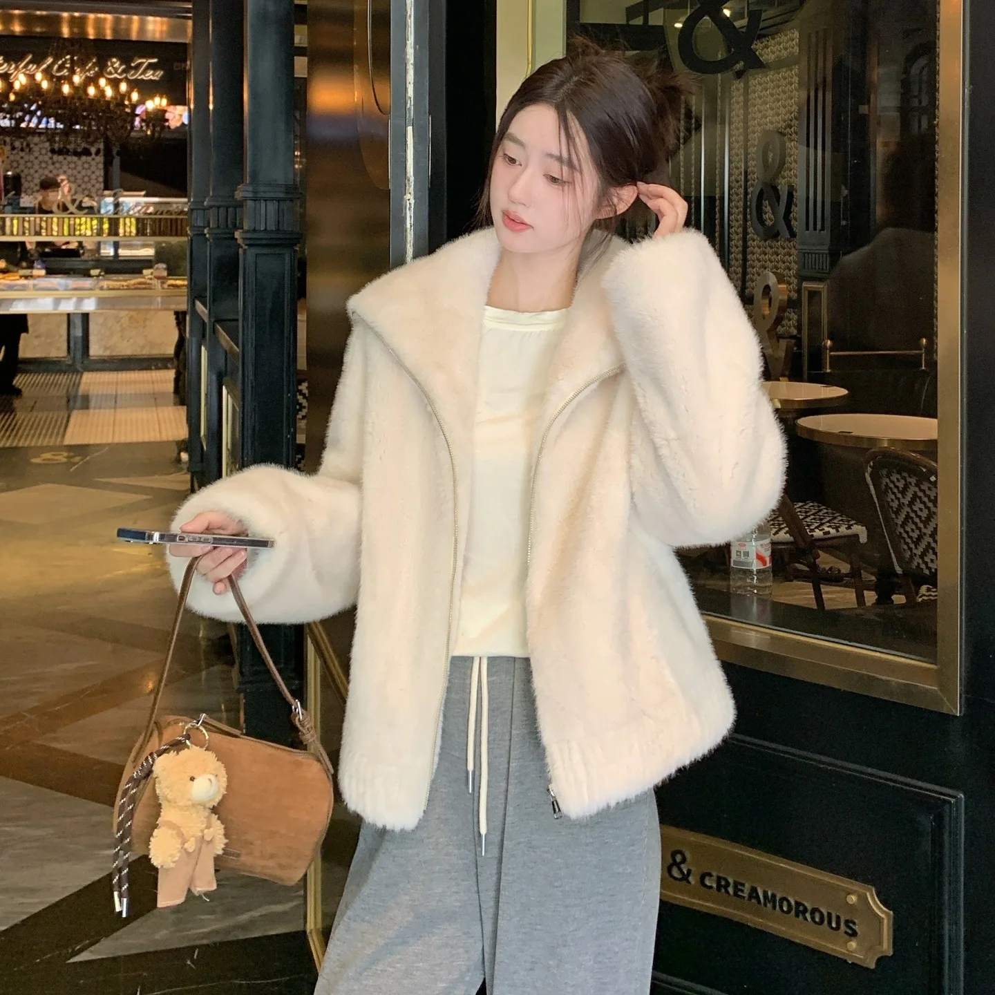 Korean Navy Collar Imitation Mink Fur Coat for Women, 2025 Autumn and Winter New Style, Super Beautiful Fur Top Short