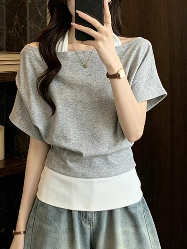 

Korean Style Summer New plus Size T-Shirt Shoulder Bared Neck Hanging Short Sleeve Belly Cover Fashionable Casual Top for plu...
