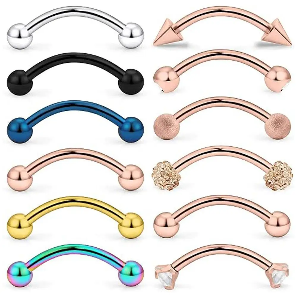 1/12PCS Set Stainless Steel Eyebrow Tragus Helix Rook Daith Earrings Belly Lip Ring Clear Cubic Zirconia Barbell Body Jewelry