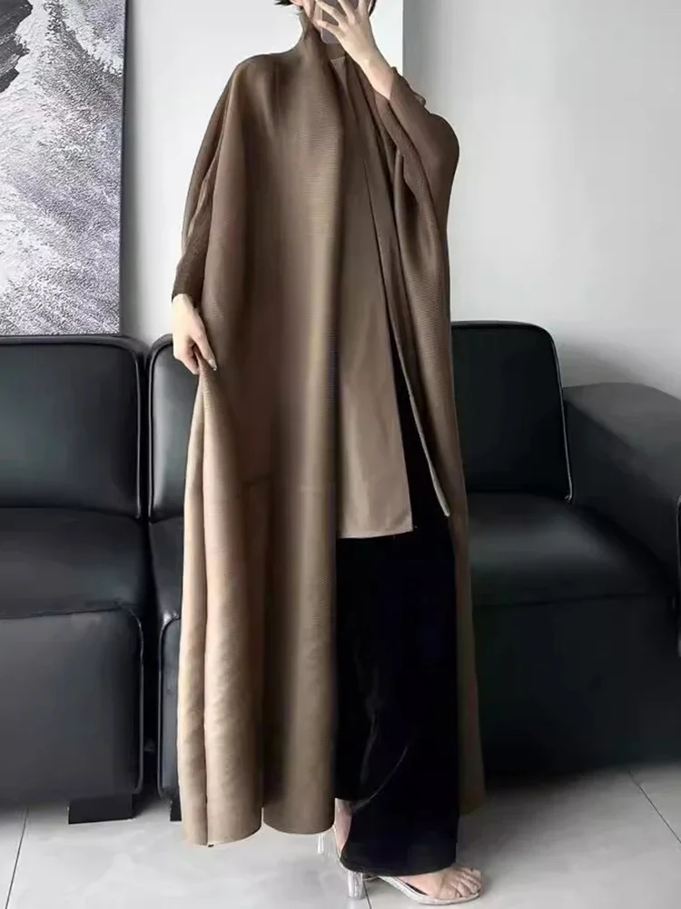miyake Autumn Solid Color Pleated Windbreaker Women Loose Scraf Collar Long Sleeve Elastic Cardigan Coat Fashion 2024 New