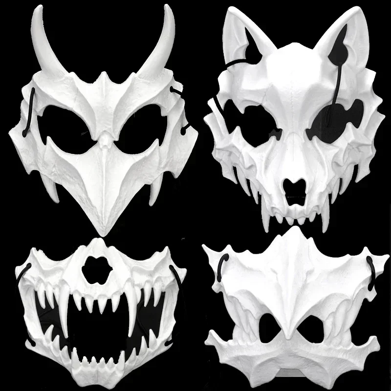 Half Face Skull Mask Demon Skeleton Wolf Dragon Tiger Cosplay Halloween Party Prop Long Teeth Headgear for Adult Role Play