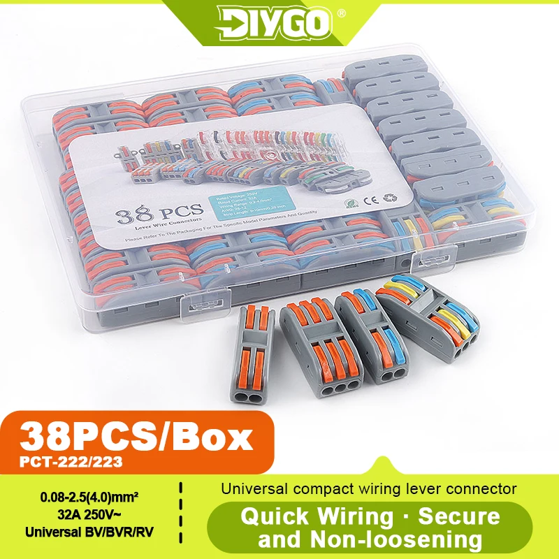 

DIY GO 38PCS Lever Wire Connectors Mini Fast Universal Compact Splicing 2/3 Pin Assortment Quick Electrical Terminal Block Kit