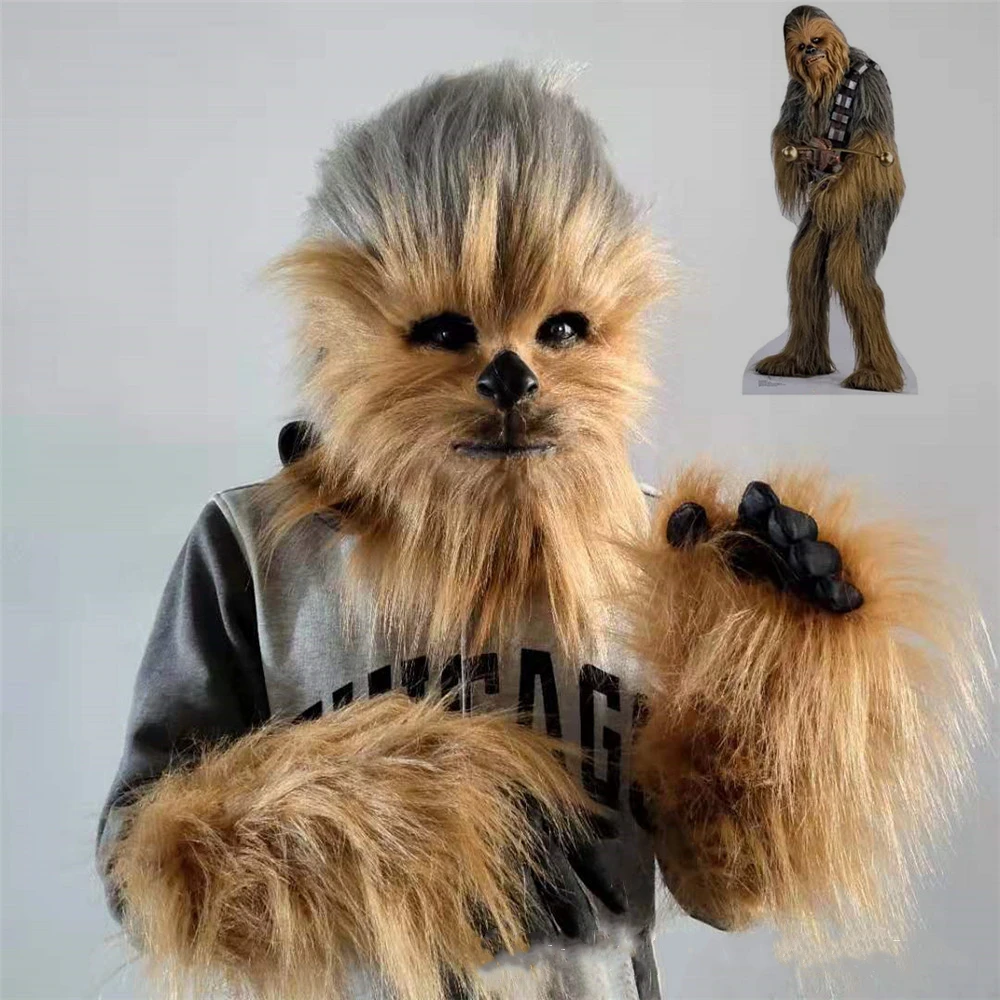 Film Star Wars Chewbacca Cosplay maska rękawiczki Chewie długie włosy kask rękawiczki lateksowe nakrycia głowy Halloween akcesoria do maskarady Prop