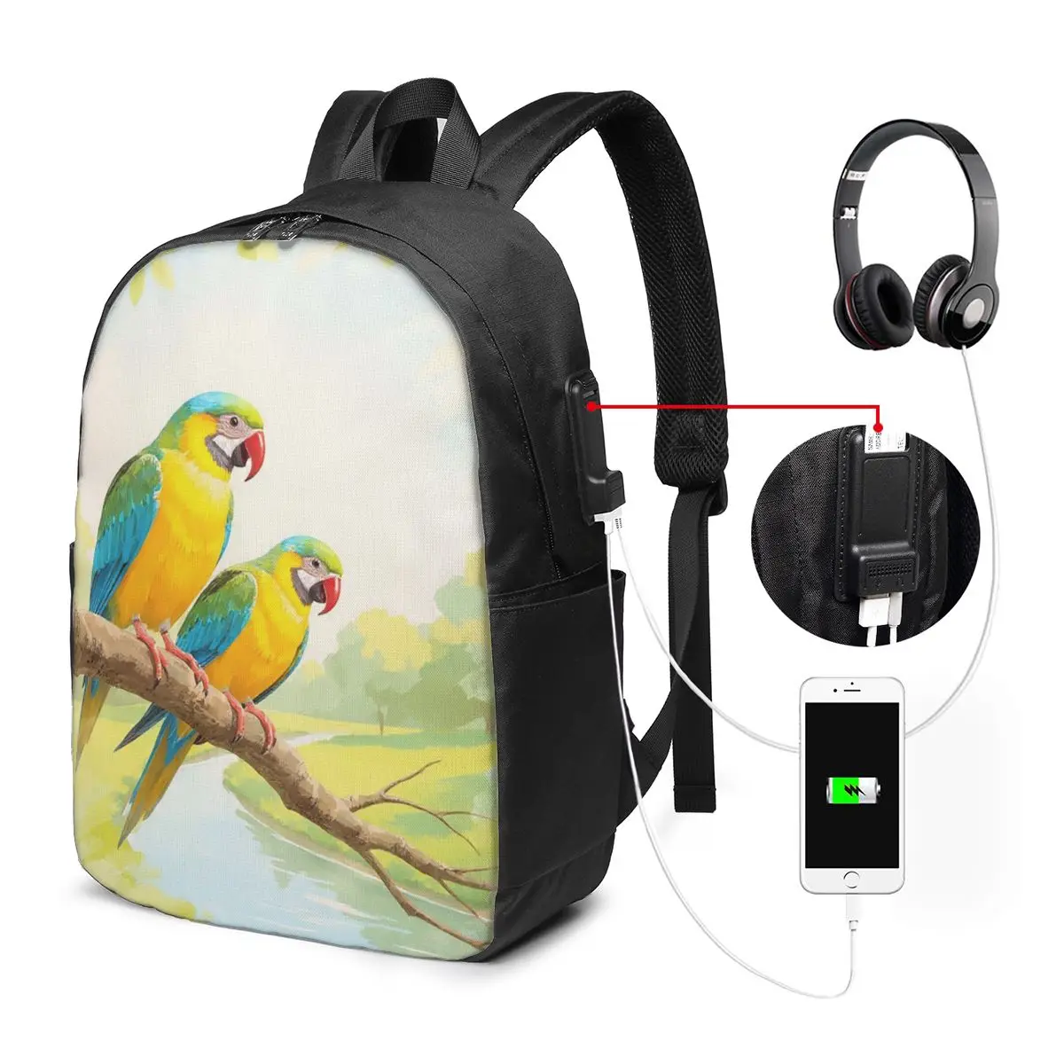 Two Parrot In Branch Watercolor Painting Backpack Travel Notebook Bag Computer College Student School Bag Laptop Shoulder Bags