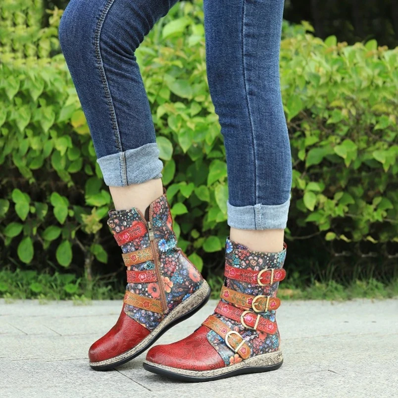 

2025 Genuine Leather Women Boots Retro Printed Metal Buckle Soft Leather Zipper Ankle Boots Ladies Shoes Women