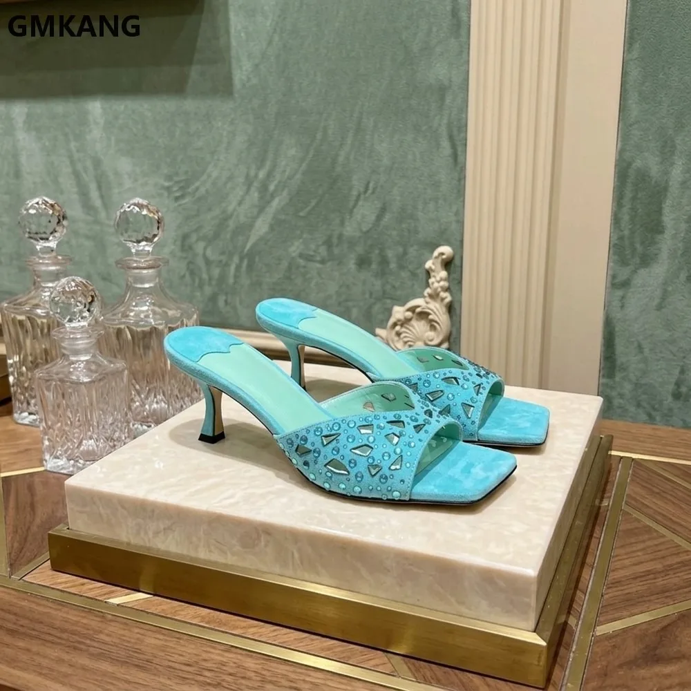 High-Quality Women Open Toe Rhinestone Square Toe Low Heel Muller Sandals Summer Beach Slide Comfort Casual Flat Heel Shoes