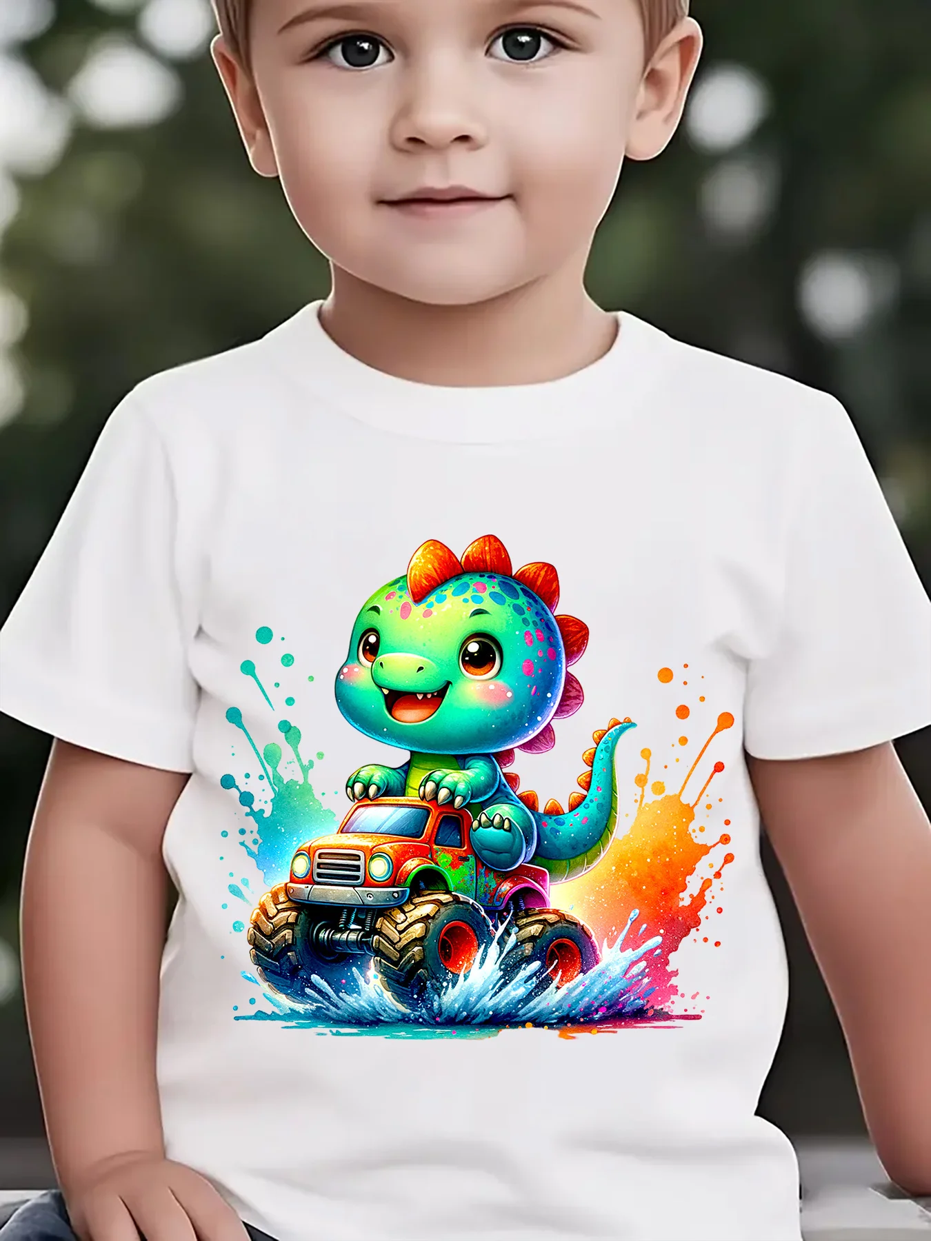 Rainbow Dinosaur Monster Truck Splash Print Family Matching Cotton Tees Short Sleeve Tops For Mom Dad Boys Girls Daily Wear