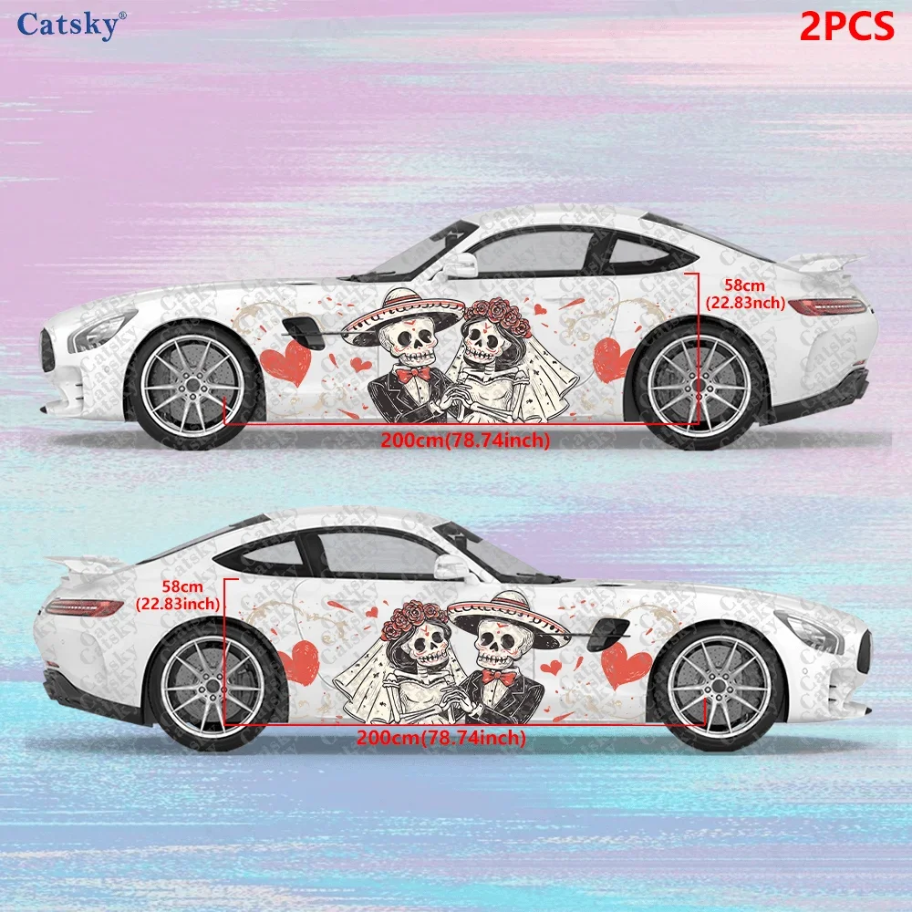 2pcs Love Heart Mexican Skull Couple Sticker, Durable, Fade-Resistant, Easy to Install and Remove - Enhance your vehicle's appea