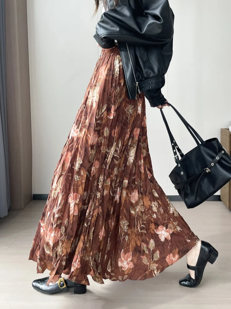 Spring Summer New Pleated Long Skirt Women's Beach Vacation Loose High Waisted Printed Half Body Large Swing Skirt S366
