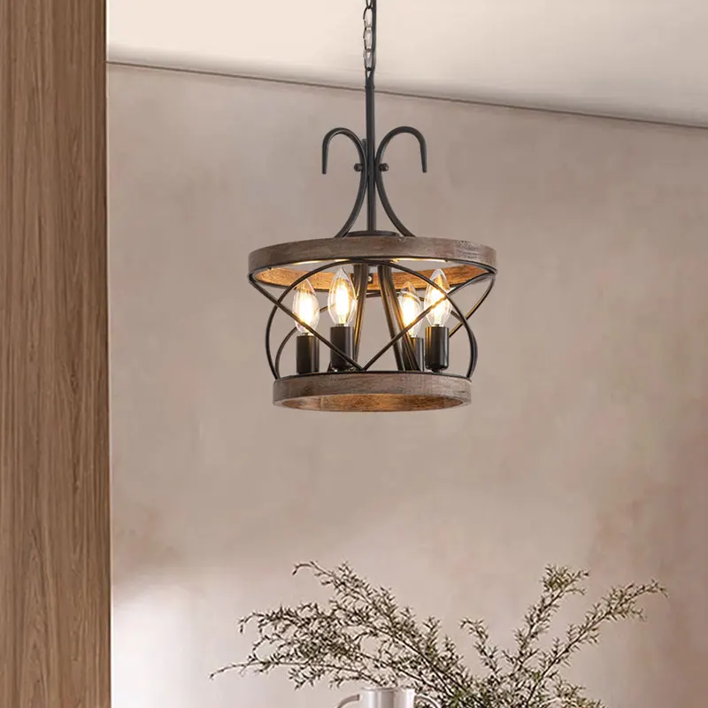 American Retro Iron Chain Pendant Light Multi Head Industrial Style Cage Living Room Dining Room Bar Cafe Wooden Pendant Lamp