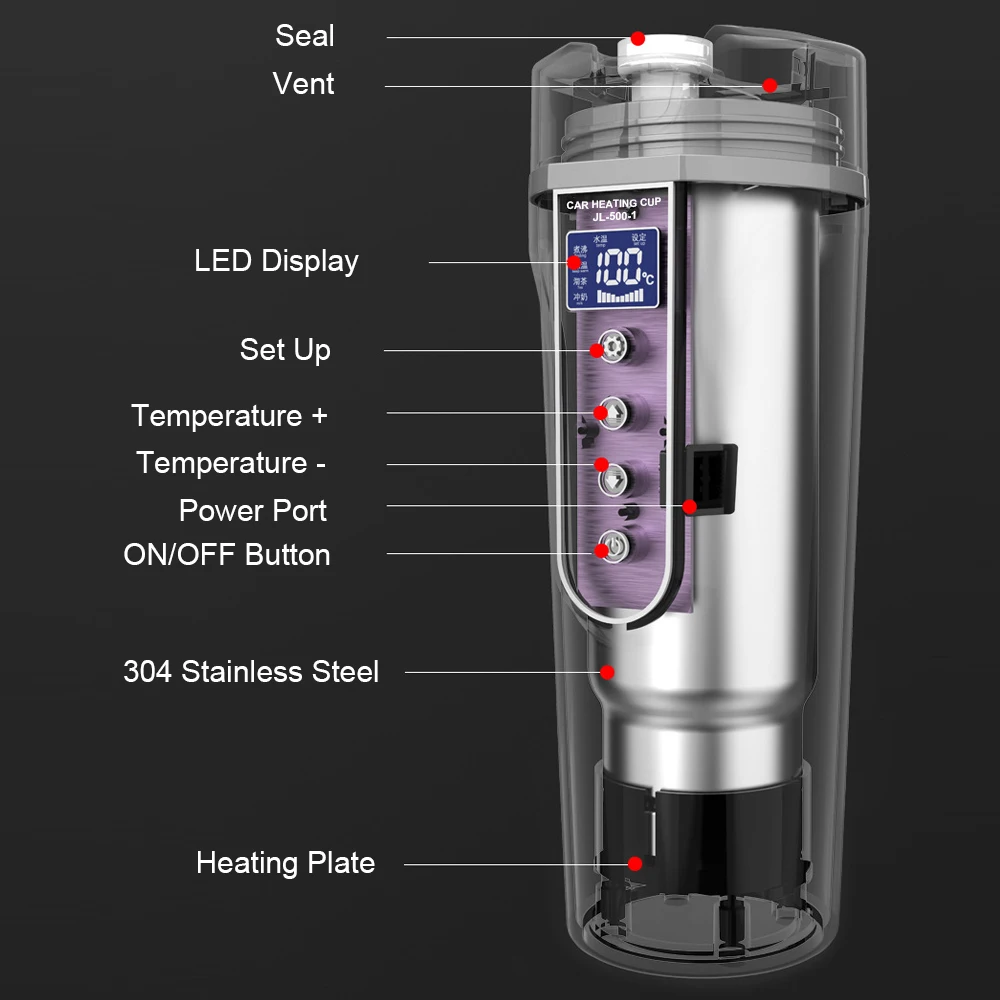 Water Warmer Bottle Heat Preservation Car Heating Cup Coffee Mug Stainless Steel 12V/24V LCD Display 450ML Electric Kettle