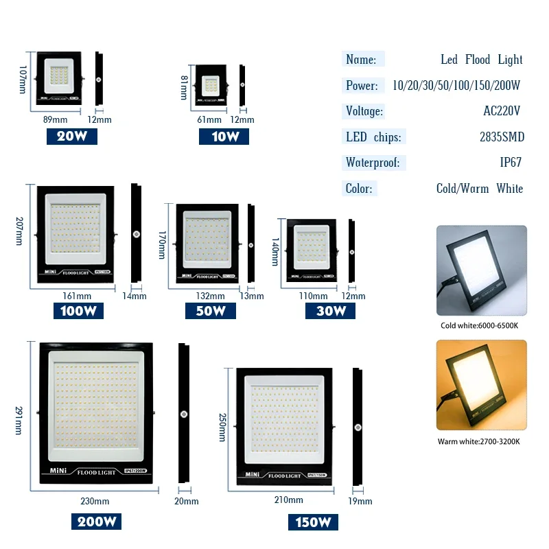 2pcs/lot LED Flood Light IP67 Waterproof Outdoor Lighting 220V 10W 20W 30W 50W 100W 150W Spotlight for Garage Yard Street Garden