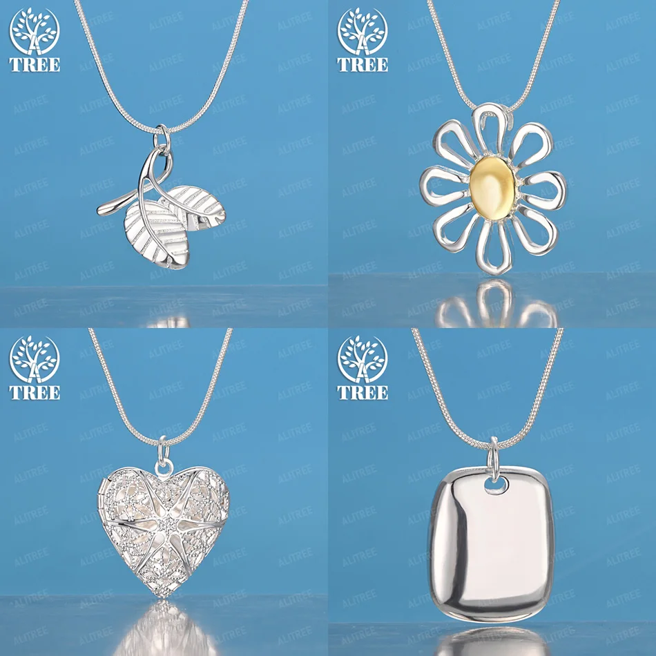 

16-30 Inch 925 Sterling Silver Heart Daisy Leaf Square Pendant Necklace Women Charm Wedding Jewelry Accessories Holiday Gift