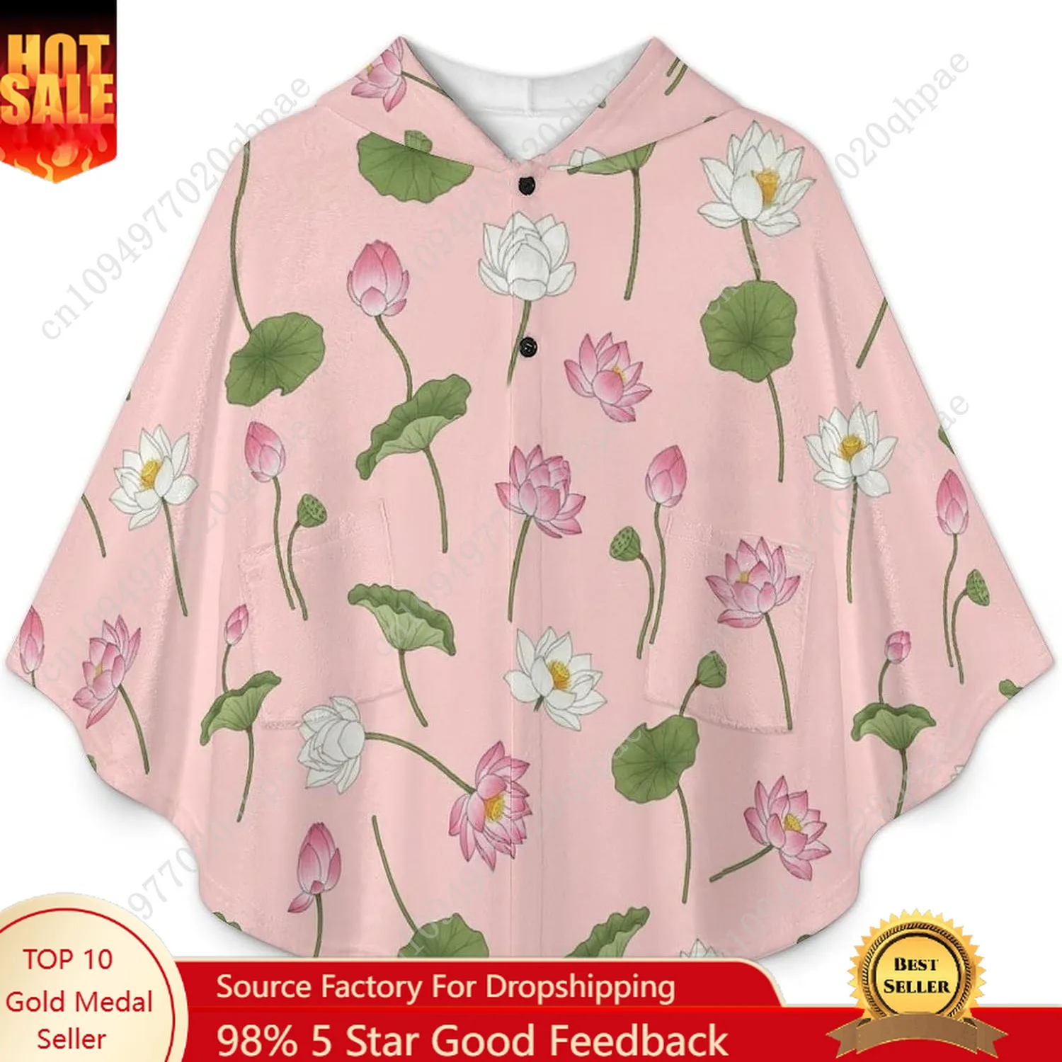 سترة بطانية مريحة من الفلانيل، هوديي كبير الحجم بأوراق زهور اللوتس مع جيوب للأطفال والمراهقين