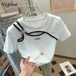 Neploe Solid Color Hollow Out Short Sleeve T-Shirt Femme Unique Simple Casual Top 2024 Summer Chic Patchwork Design O-Neck Tees