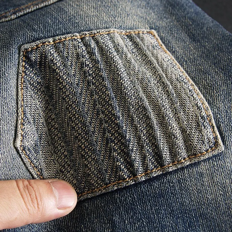 Street Designer Fashion Mannen Jeans Retro Blauw Stretch Slim Fit Patched Ripped Jeans Mannen Y2K Hip Hop Vintage Denim Broek Hombre