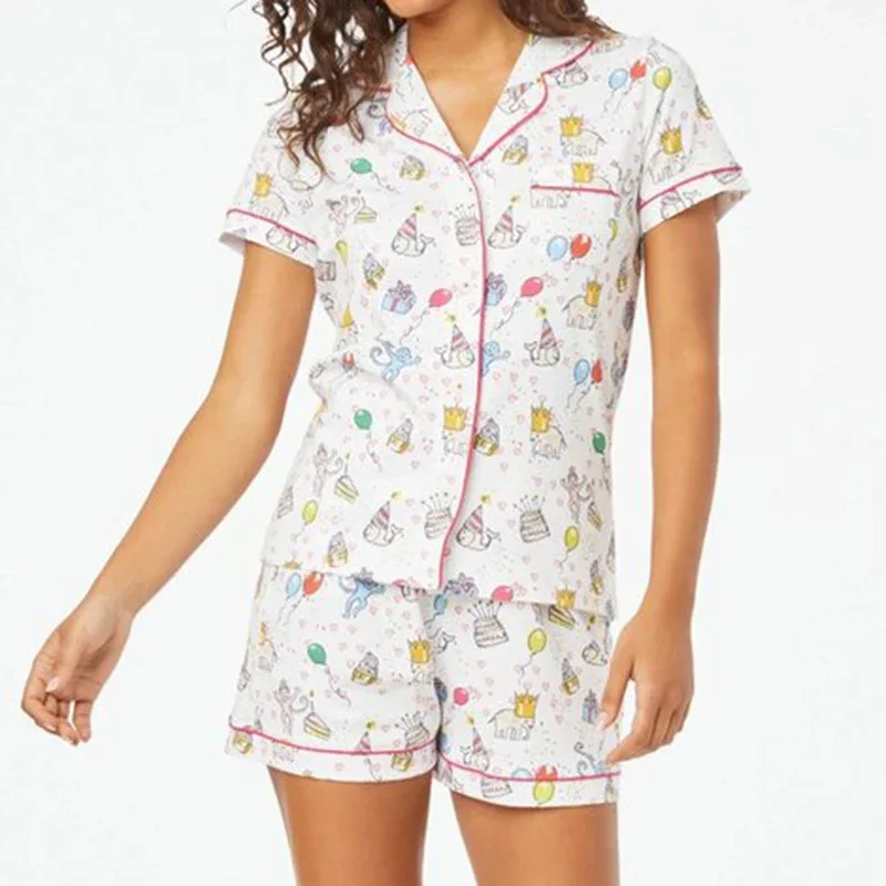 Easter Monkey Cartoon Pajamas Set Women y2k Clothes Single Breasted Short Sleeve Blouse Shirt Top + Shorts 2 Piece Loungewear