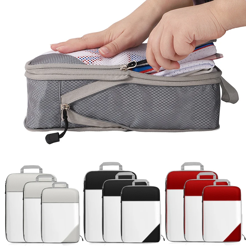 

3Pcs Set Compression Packing Cubes Travel Storage Bags Expandable Luggage Organizer Portable Lightweight Suitcase Bag