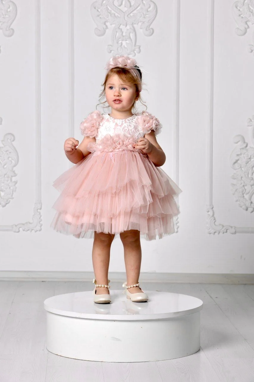 Gorgeous Pink Color Tulle Fabric Flower Girl Dress Wedding Dresses Tulle Layered Flowers Decoration Kids Birthday Gowns