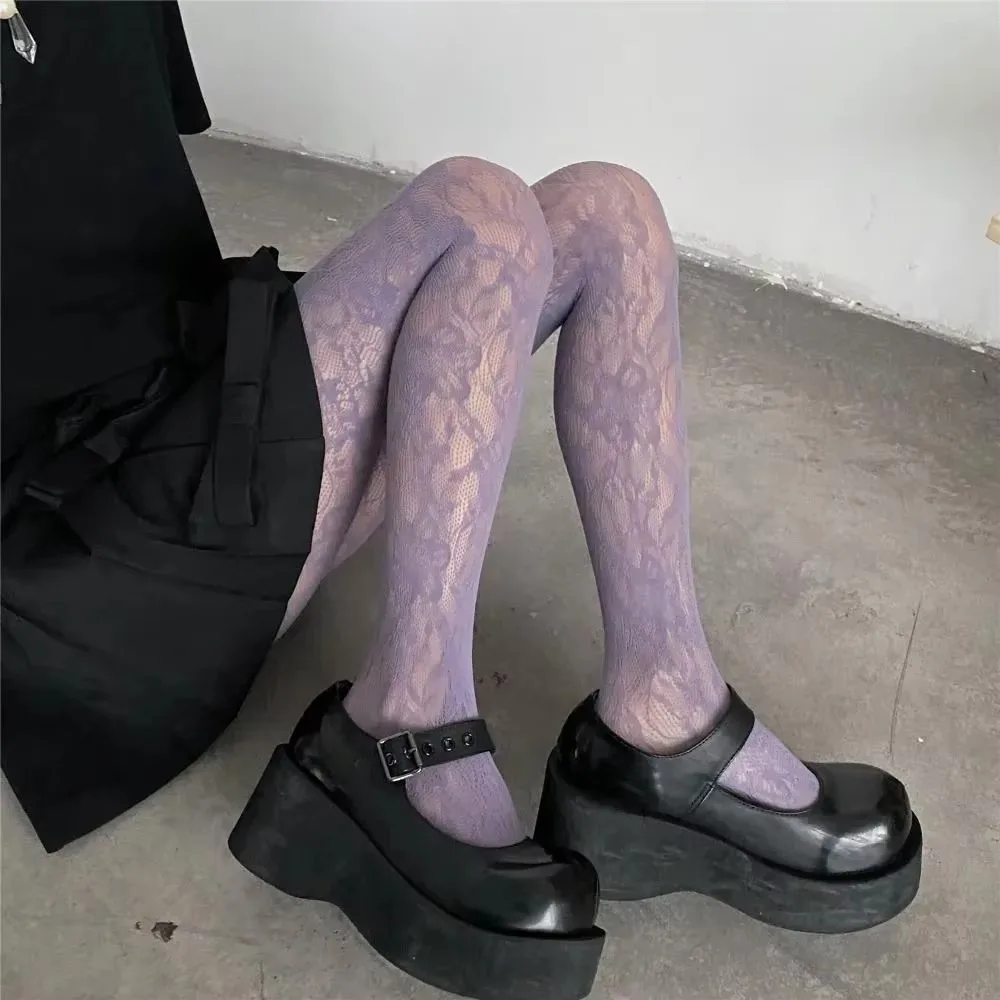 Ins Sexy Hollow Out Pantyhose High Elastic Wine Red Fishnet JK Tights Flower Hipster Leggings Hot Girls