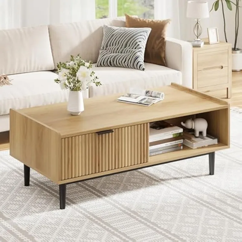 

IDEALHOUSE Coffee Table 42.5" Mid Century Modern Center Drawer Fluted Living Room Storage Light Wood Cocktail