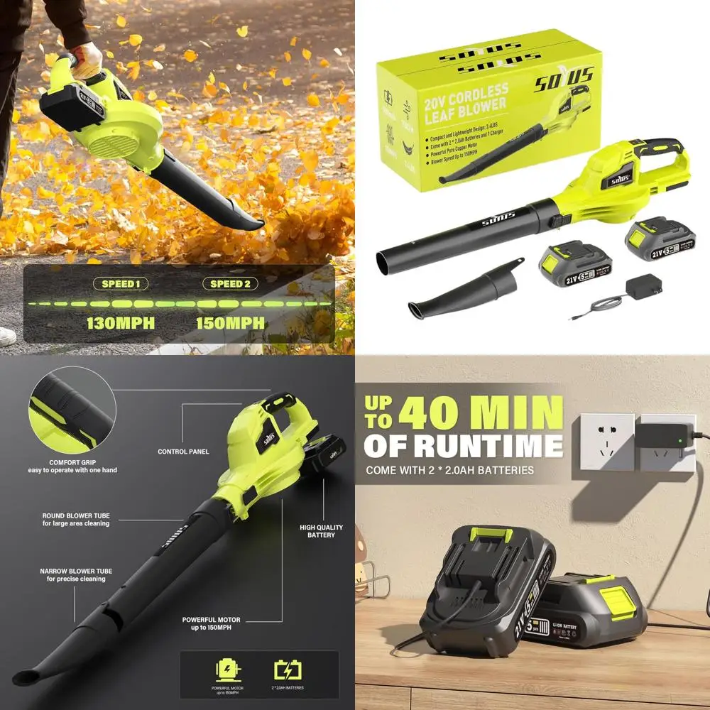 

Аккумуляторная воздуходувка для листьев 20 В с батареями 2x2,0 Ач, скорость 150 миль в час, двухскоростной инструмент для ухода за газоном для удаления мусора и пыли (зеленый)