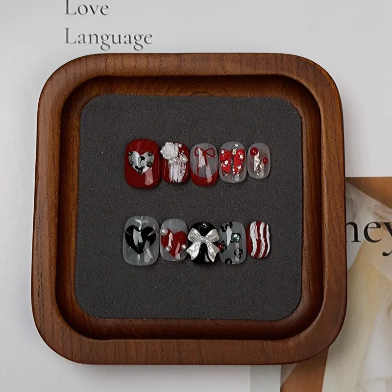 10 Pieces New Year's Red Press On Nails Handmade Camellia Plaster Love Inlaid Pearl Bow Short Fake Nail Patches