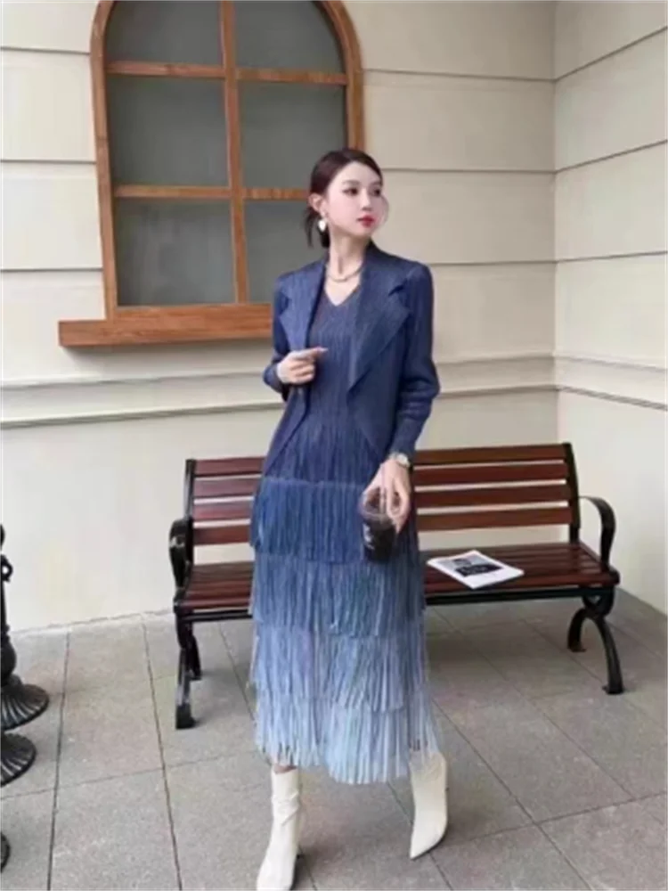 Miyake Pleated Women's Skirt Suit 2023 Autumn and Winter French High-end Gradient Tassel Dress Suit Collar Cardigan Jacket Women