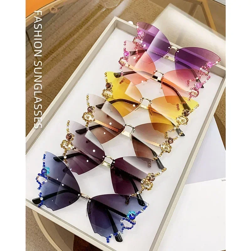 

Luxury Diamond Butterfly Sunglasses Women Brand y2k Vintage Rimless Oversized Sun Glasses Ladies Eyewear UV400 gafas de sol