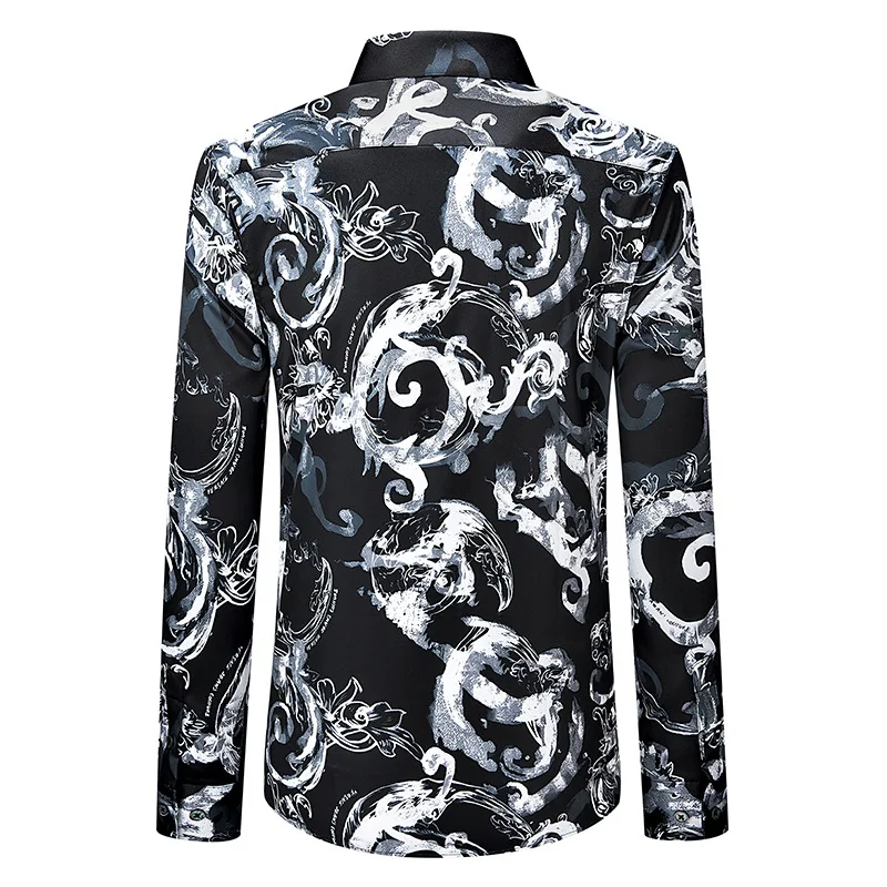 Luxury Graffiti Silk Shirt Men Long Sleeved Retro Casual Shirt Fashion Business Social Street Wear Party Tuxedo Shirts 2025