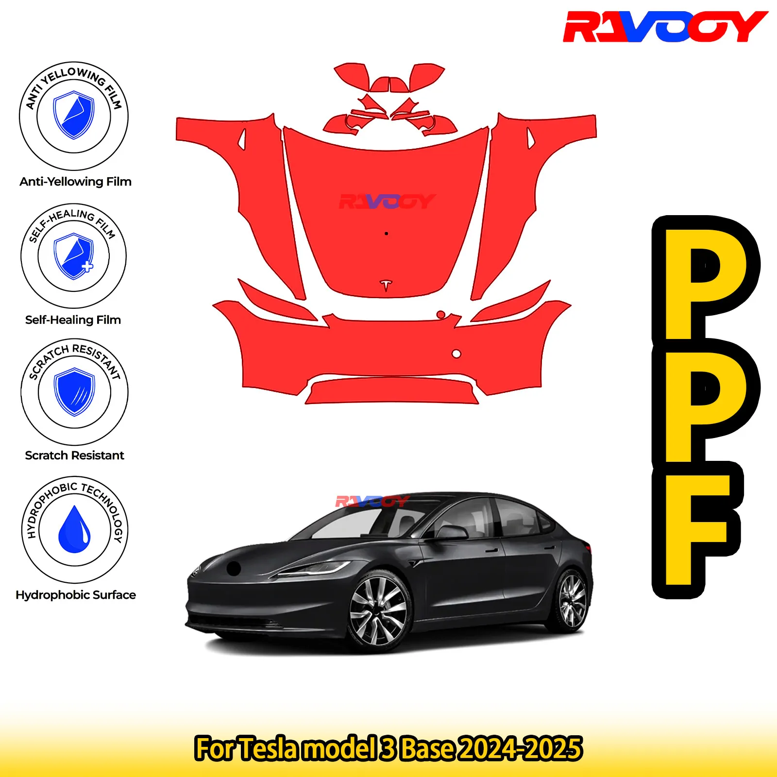 

For Tesla model 3 Base 2024-2025 Glossy Matte Black Precut front PPF Kit Paint Protection Film