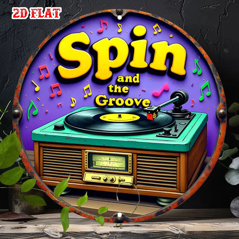 One-Piece 2D Flat Round Wall Decoration, Featuring Groove And Music Designs, Perfect for Vintage Indoor Or Outdoor Use in