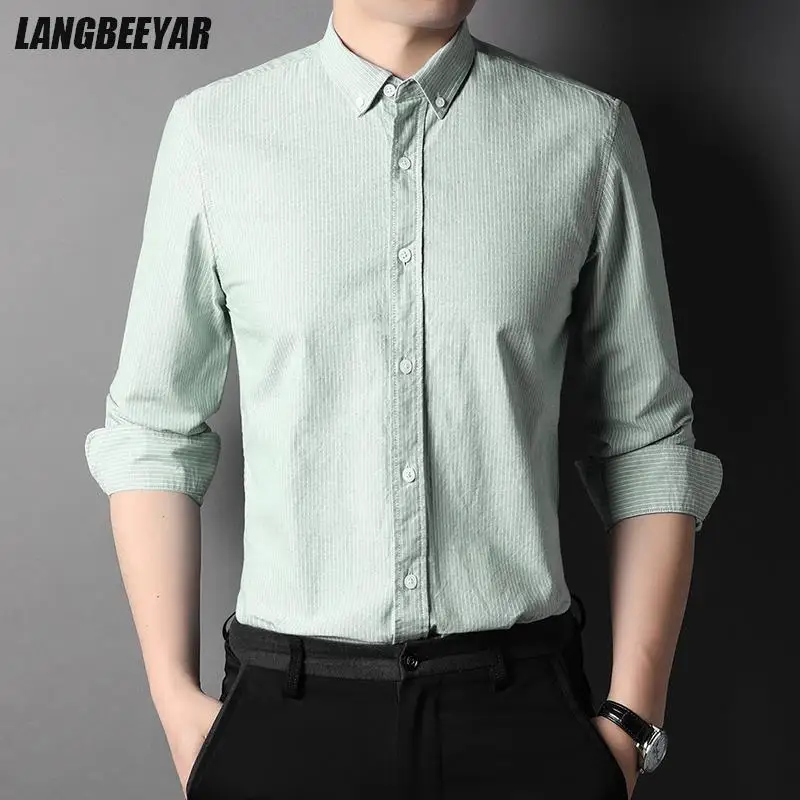 

Top Grade 100% Cotton New Fashion Brand Designer Slim Fit Button Down Mens Shirts Pinstripe Casual Long Sleeve Men Clothing