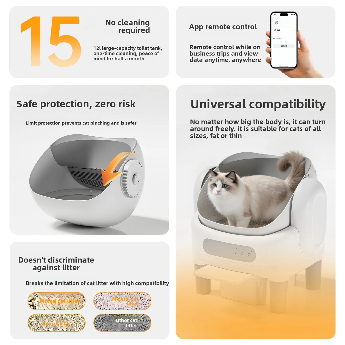Smart Plastic Cat Litter Box Automatic Cleaning Cat Toilet Fully Enclosed Anti-Tracking Extra Large Basin WIFI Remote Control