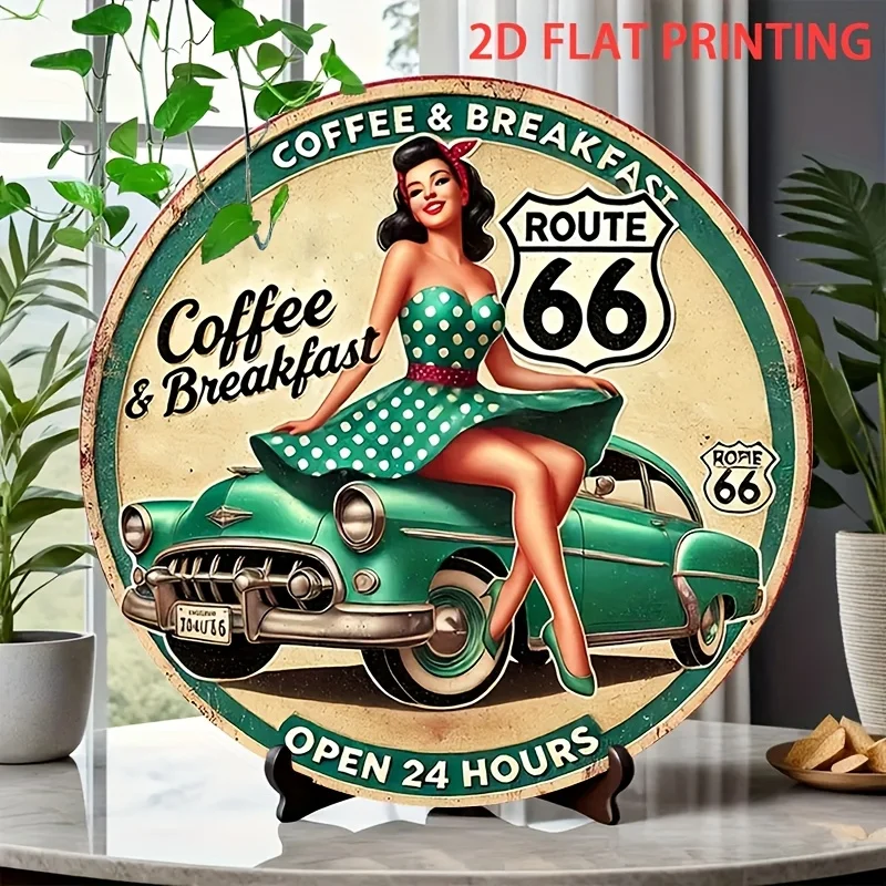2D flaches Retro-Route 66-Kaffee- und Frühstückslogo – kreisförmige Retro-Wandkunst, grünes Auto- und Polka-Dot-Kleid