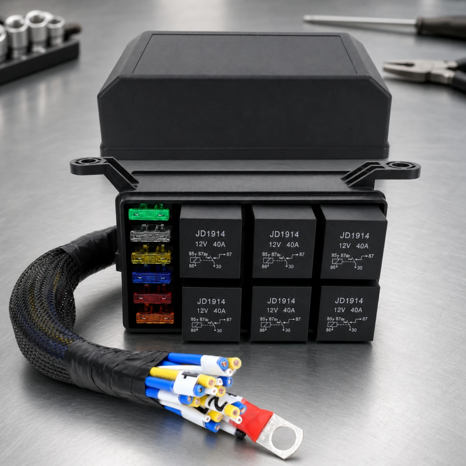 Relay Box with Pre-Wired Harness 12V Automotive Relay Fuse Box Heavy Duty Hassle-Effortless for DIY Mechanics, Engine Bay