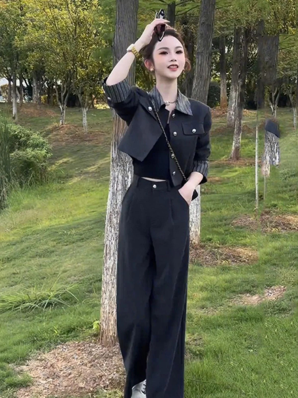 Autumn Fashion Women's Short Sleeve Long Coat High Waist Wide Leg Pants Two-Piece Set Elegant Commuter Style Polyester Blend