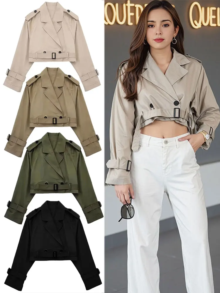 

Long Sleeve Notched Neck Trench Coat Spring Lady High Street Outwear HH Women Fashion Cropped Jacket With Belt Solid Vintage