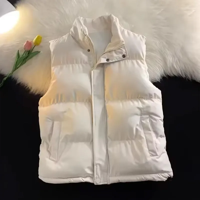 Autumn Winter Thicken Warm Cotton Padded Vest Coat Stand Collar Men Women Slim Sleeveless Jacket Fashion Loose Solid  Outerwear