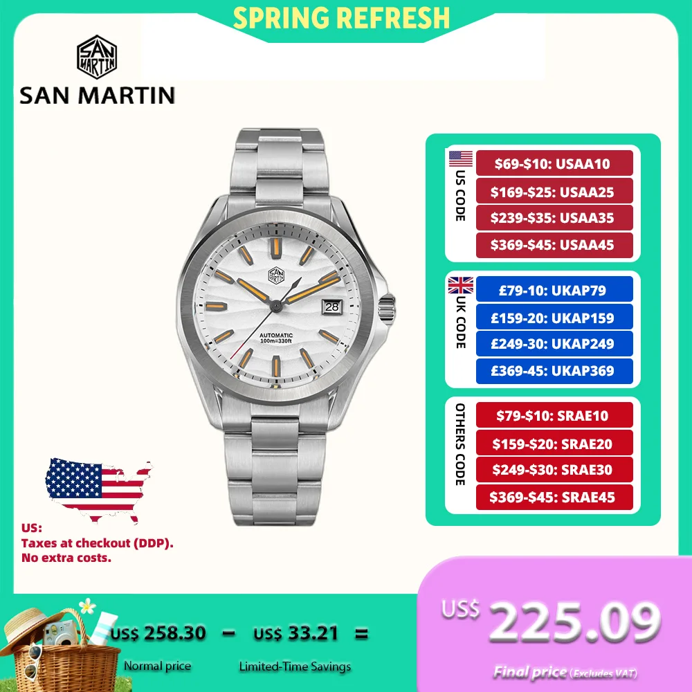 

San Martin 39mm NH35 Desert Dune Dial Men Automatic Mechanical Watches Dress 3H Date Window Waterproof Luminous Sapphire SN0129C