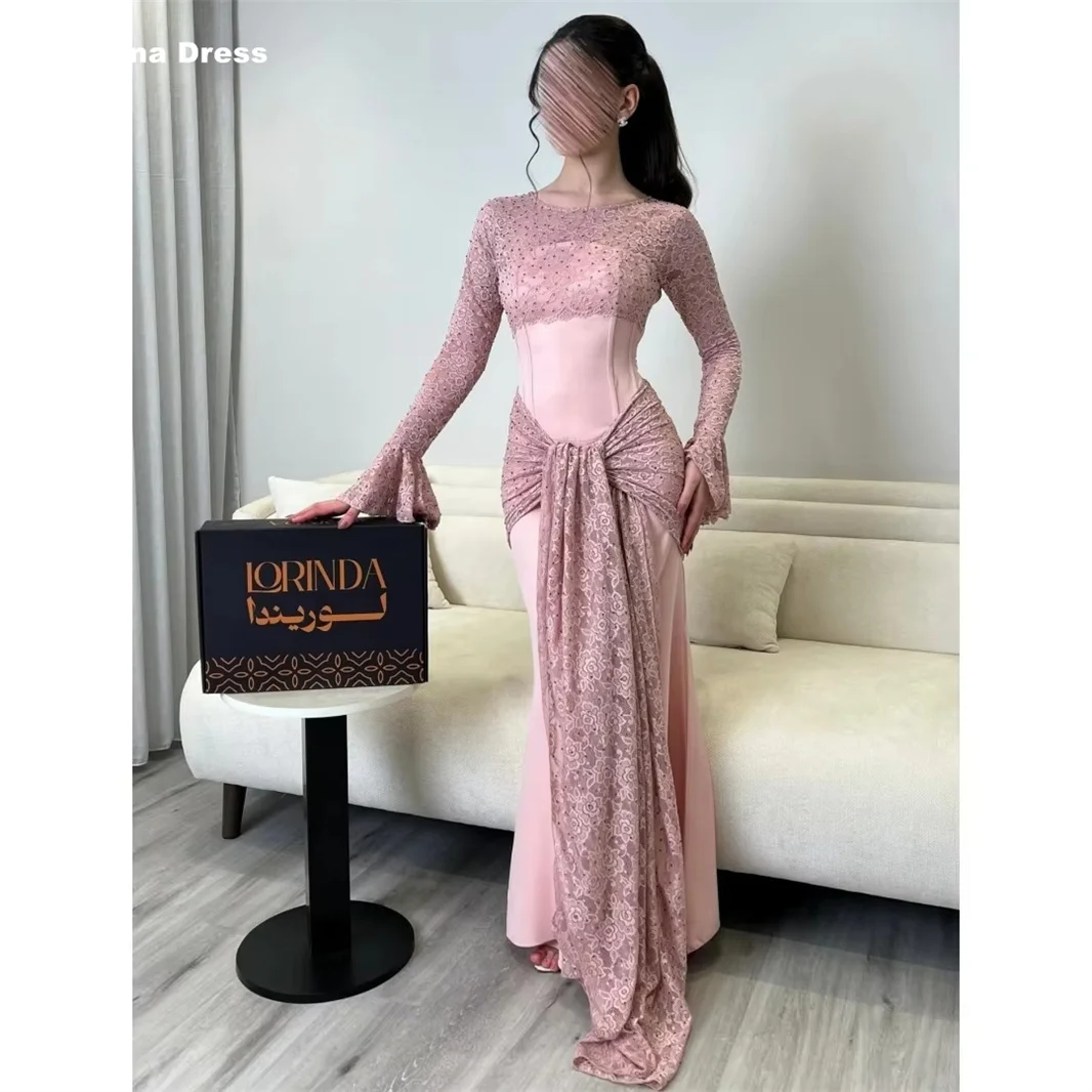 

Mina Customized Pink Long Sleeve Prom Dress Luxurious Evening Dresses for Special Occasions Beaded Lace Flared Cuffs Party Women