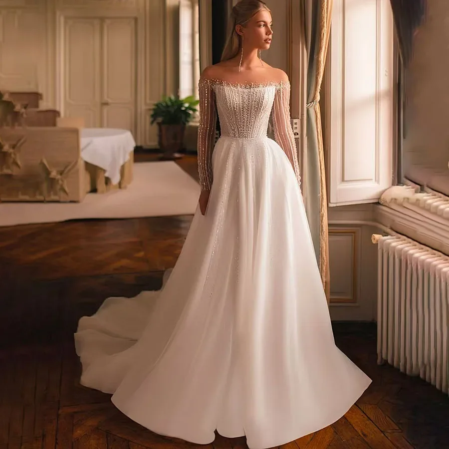 Customized Off The Shoulder Women Wedding Dresses Lace Printing Bride Gowns Elegant Satin Fabric A-Line Ball Vestidos De Novias
