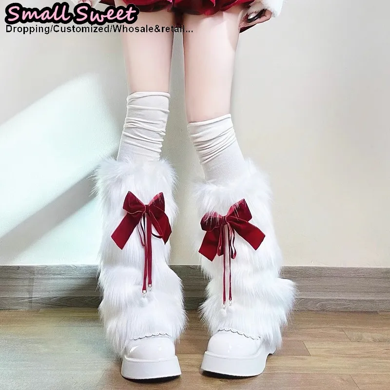 

Christmas Stockings Women Y2k Girls Gothic Lolita Jk Uniform velvet burgundy Bow Leg Warmers Calf fluffy socks Furry Leg warmer