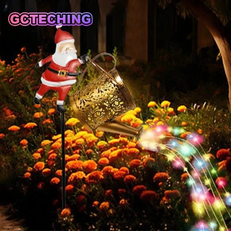 Outdoor Solar Lights Santa Claus Hollow Metal Watering Can Lantern for Garden Patio Yard Christmas Holiday Decor