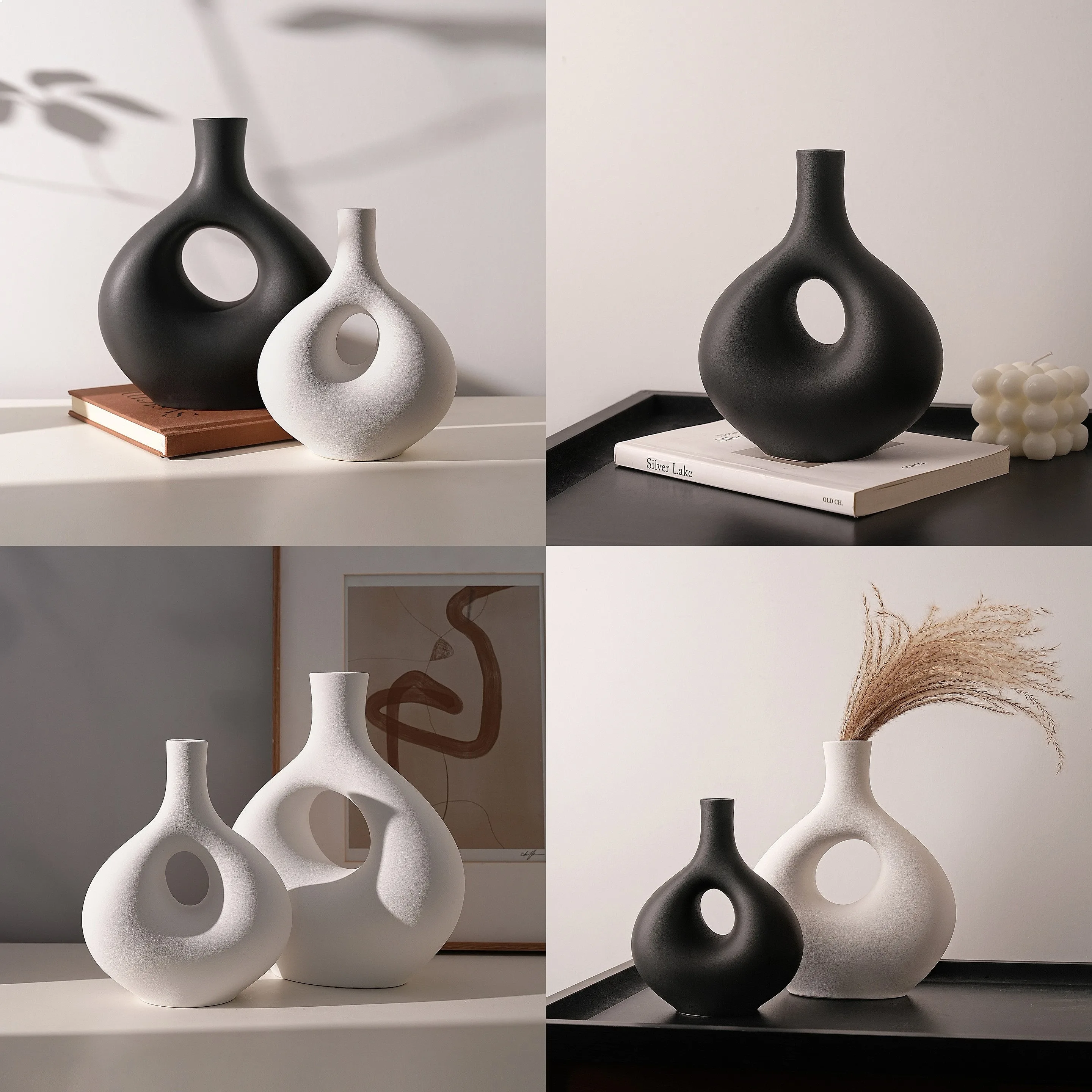 Creative Jingdezhen Ceramic Round Black Vase Set Minimalist Home Living Room Flower Arrangement High-End Hollow Decoration