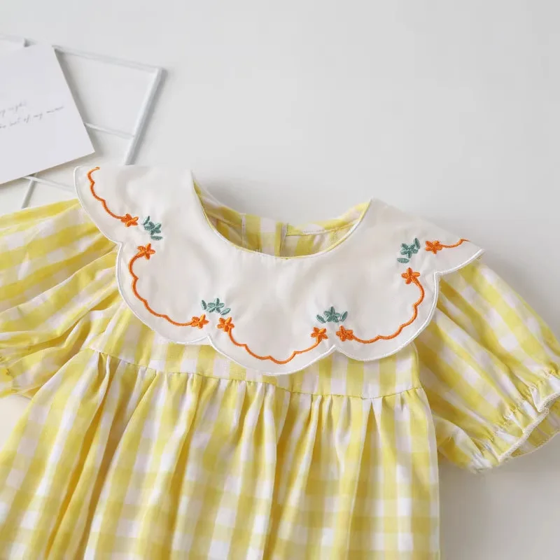 Korean Style Baby Girls Romper Yellow PlaidSummer New Princess Cotton Bodysuit Infant Cute Clothes Breathable & Confort