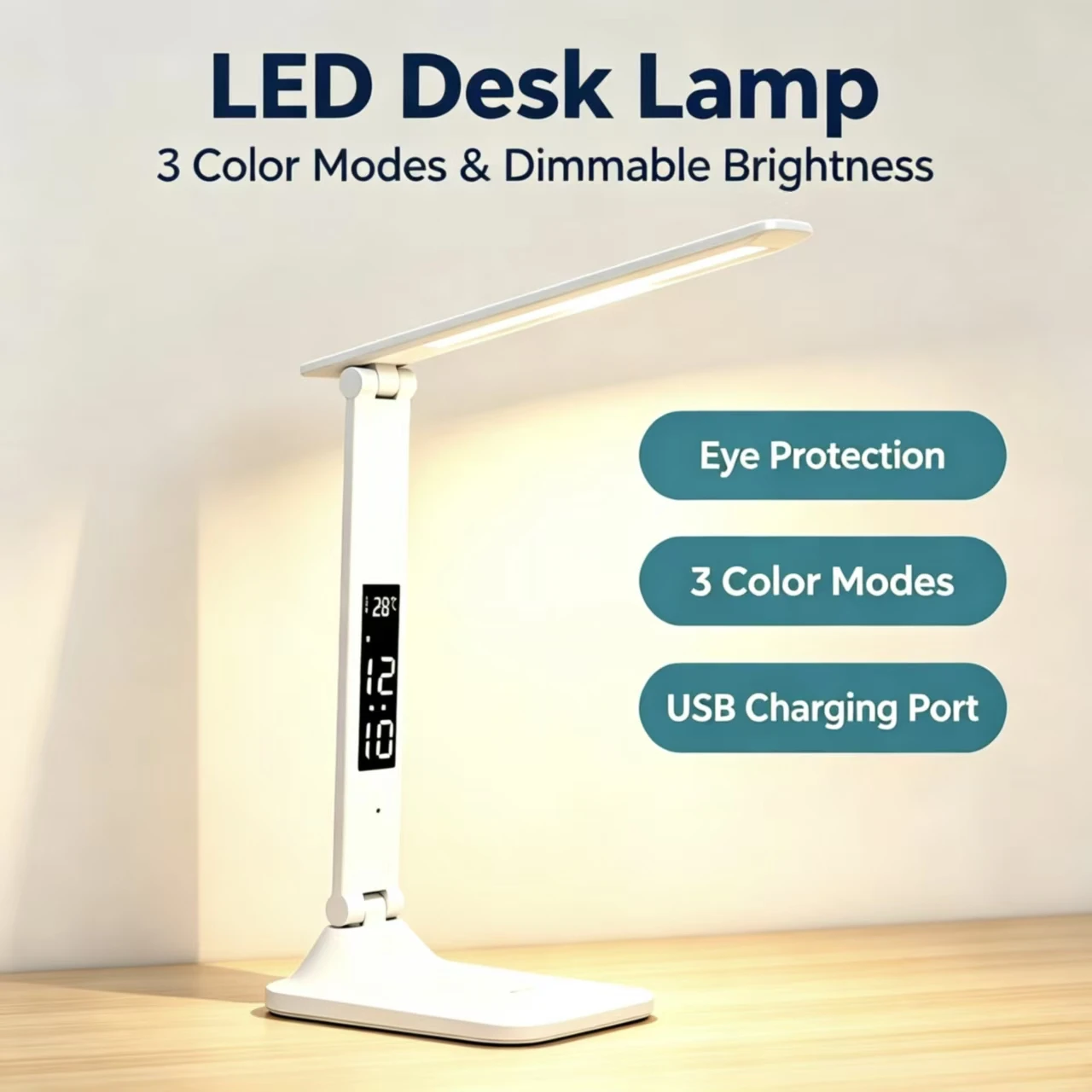 Rechargeable LED Desk Lamp USB Dimmable Touch Foldable Table Lamp with Calendar Temperature Clock Night Light for Student Studyi